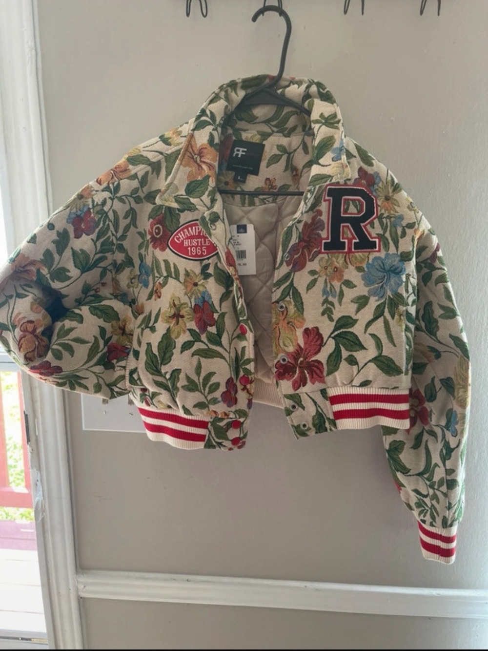 Floral Cropped Bomber Jacket - Cream with Multicolor Flowers L NWT